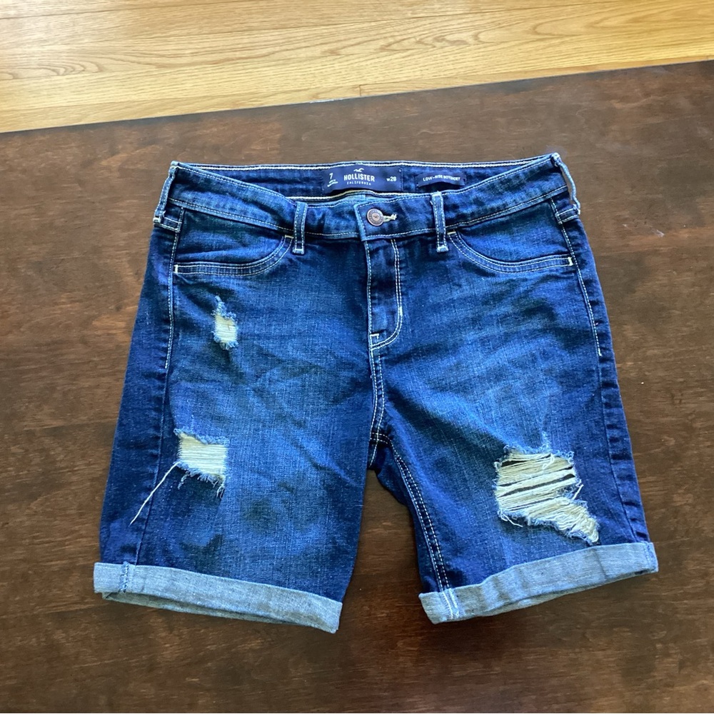 Hollister Dark Wash Distressed Rolled-Hem Jean Shorts